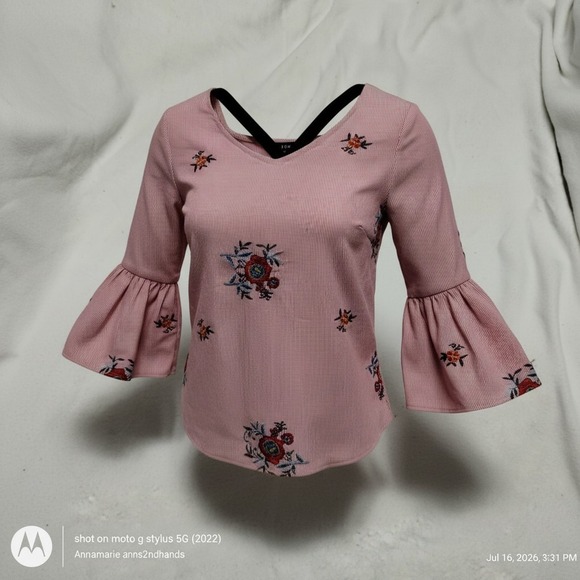 Nine West Tops - Nine West Medium Pink Embroidered Floral Bell Sleeve Striped Blouse Boho‎ Top